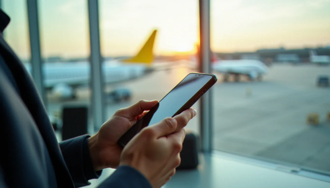 Voyageur dans un aéroport international consultant son téléphone avec une carte bancaire en main, illustrant l'activation des garanties assurance lors d'un voyage