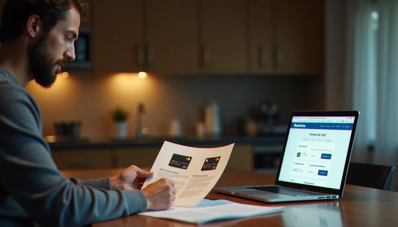 Personne comparant deux cartes bancaires et leurs documents d'assurance sur une table, illustrant le choix entre différents niveaux de couverture assurance carte bancaire