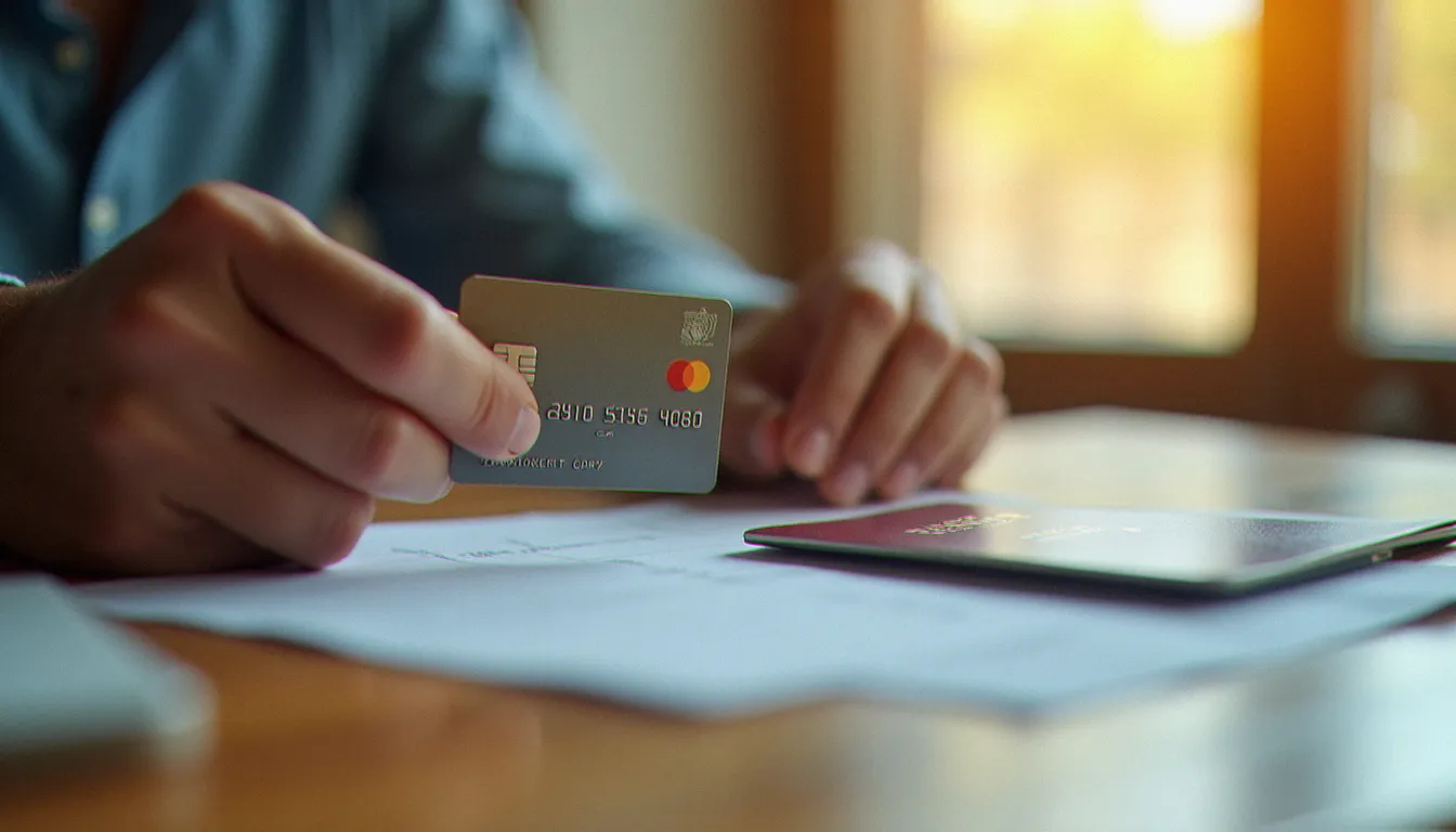 Main tenant une carte bancaire premium avec un passeport et des documents d'assurance voyage posés sur un bureau en bois, illustrant l'assurance avec carte bancaire