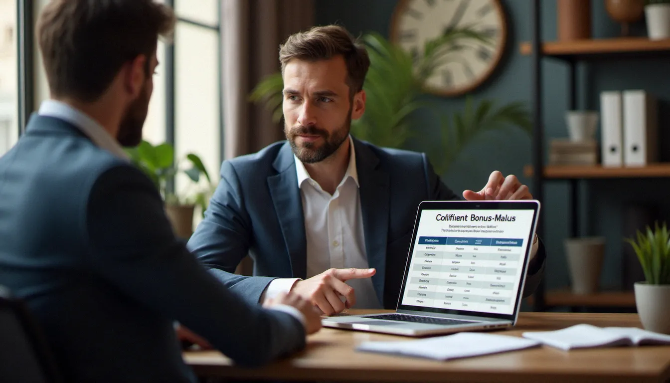 Courtier en assurance expliquant le calcul du coefficient bonus-malus à un client dans un bureau parisien