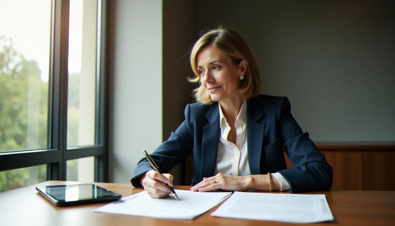 Une femme compare deux contrats d'assurance sur un bureau, illustrant la démarche pour changer d'assurance