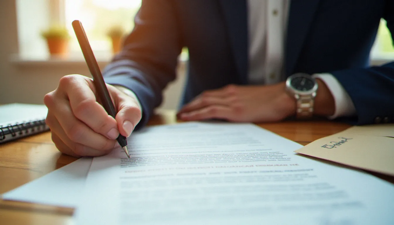 Personne rédigeant une lettre de résiliation d'assurance à son bureau avec les documents du contrat