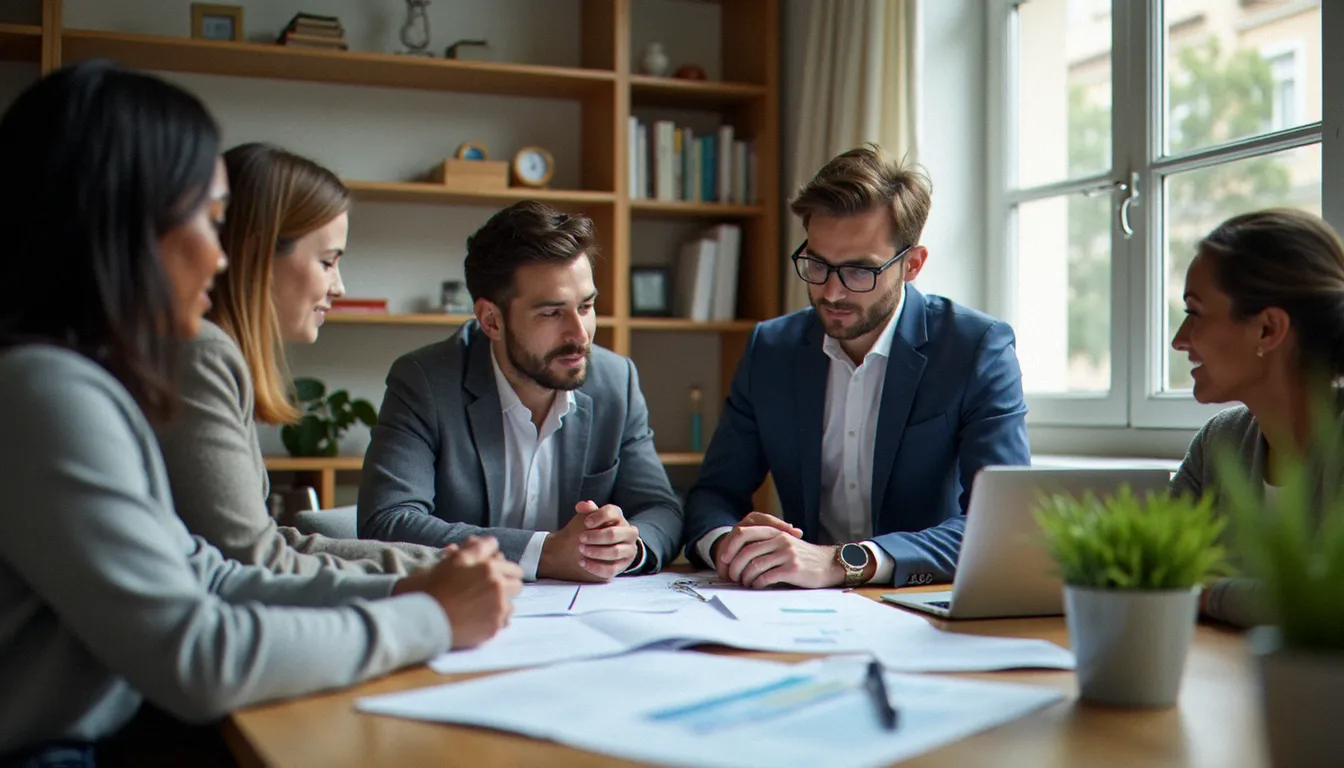 Conseiller en assurance de biens examinant des documents de garantie avec un client dans un bureau parisien lumineux