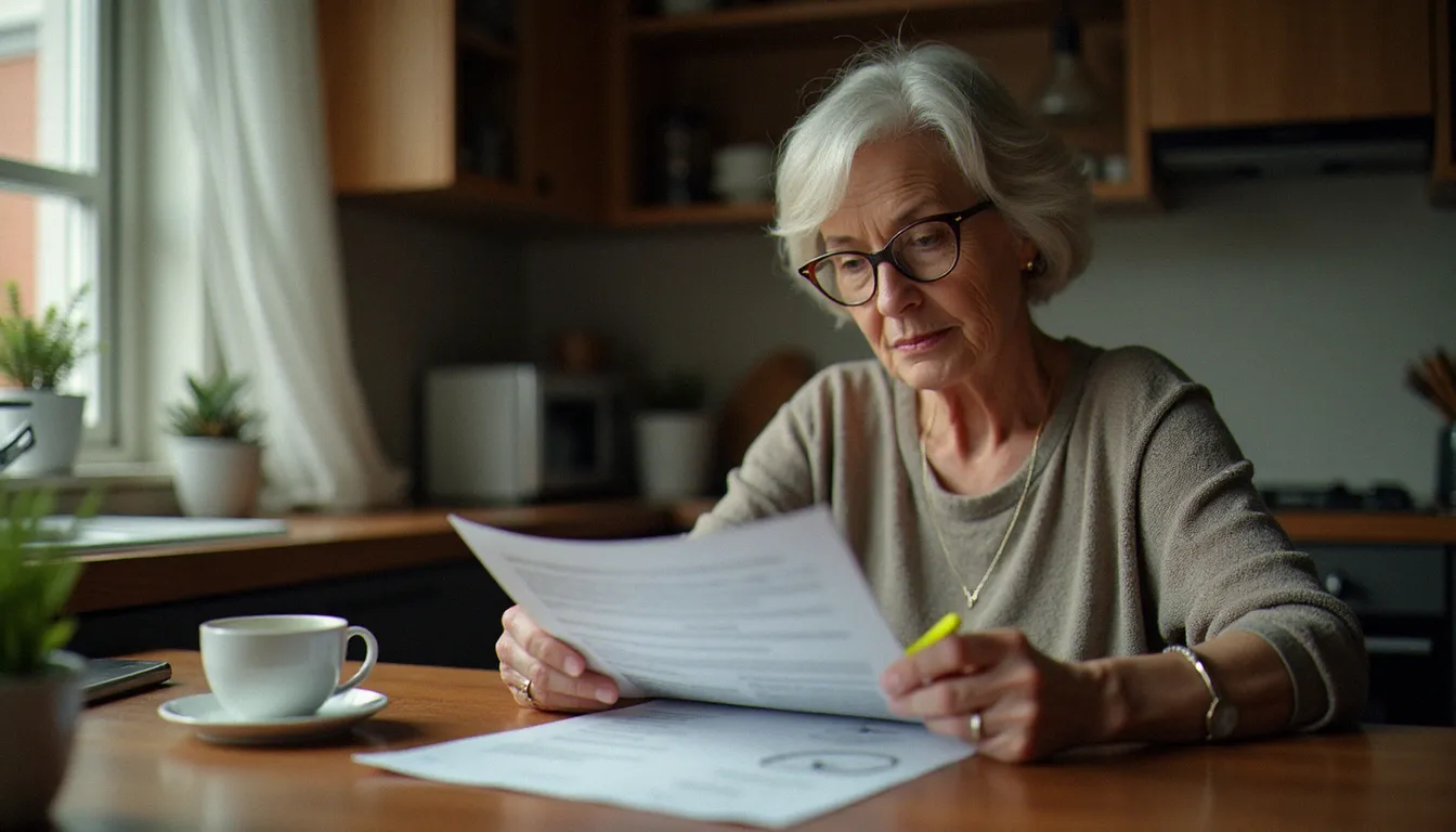 Une femme compare attentivement les garanties et exclusions de différents contrats d'assurance de personnes à domicile