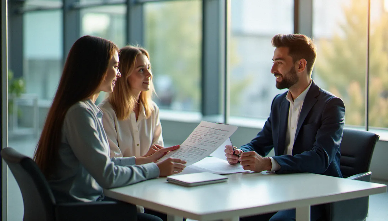 Conseiller bancaire présentant les garanties d'un contrat d'assurance emprunteur à un jeune couple dans une agence moderne