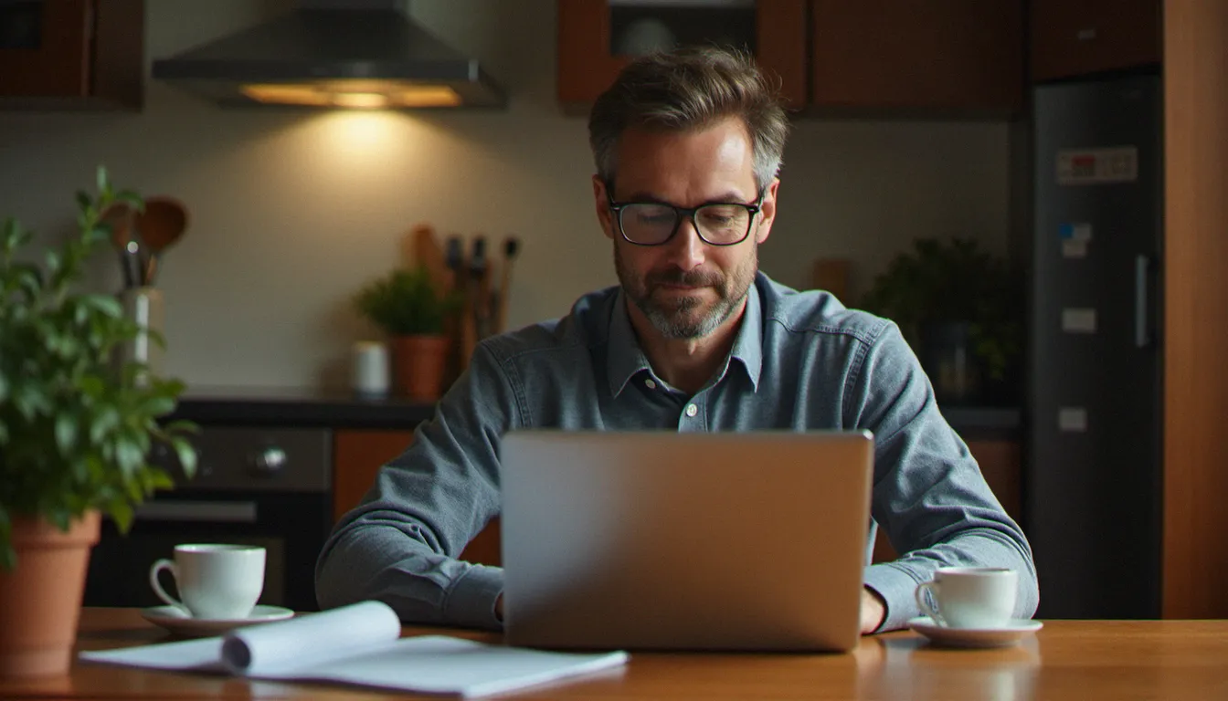 Emprunteur comparant des offres d'assurance de prêt sur son ordinateur à la maison, à la lumière du soir