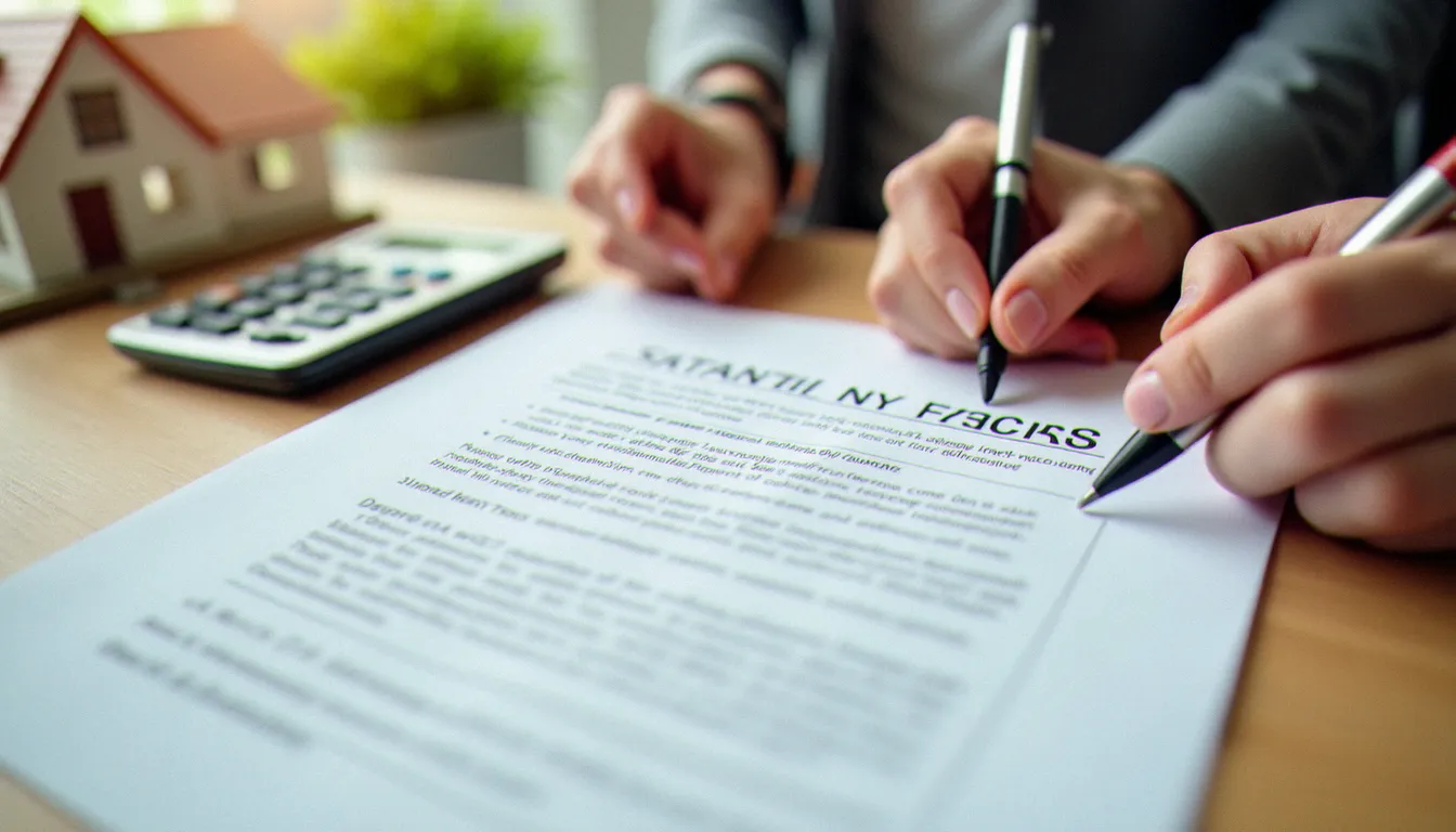 Couple signant un contrat d'assurance de prêt immobilier sur un bureau en bois, avec une maquette de maison en arrière-plan