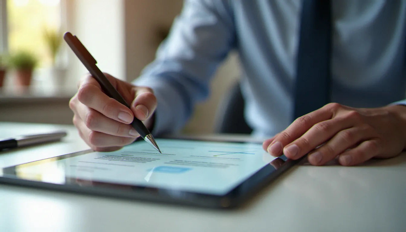 Personne signant électroniquement un contrat d'assurance effet immédiat sur une tablette dans un bureau lumineux