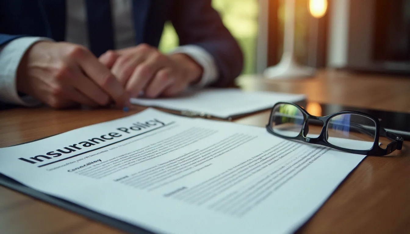 Mains lisant attentivement un contrat d'assurance posé sur un bureau, illustration des exclusions et conditions d'une police d'assurance effets personnels