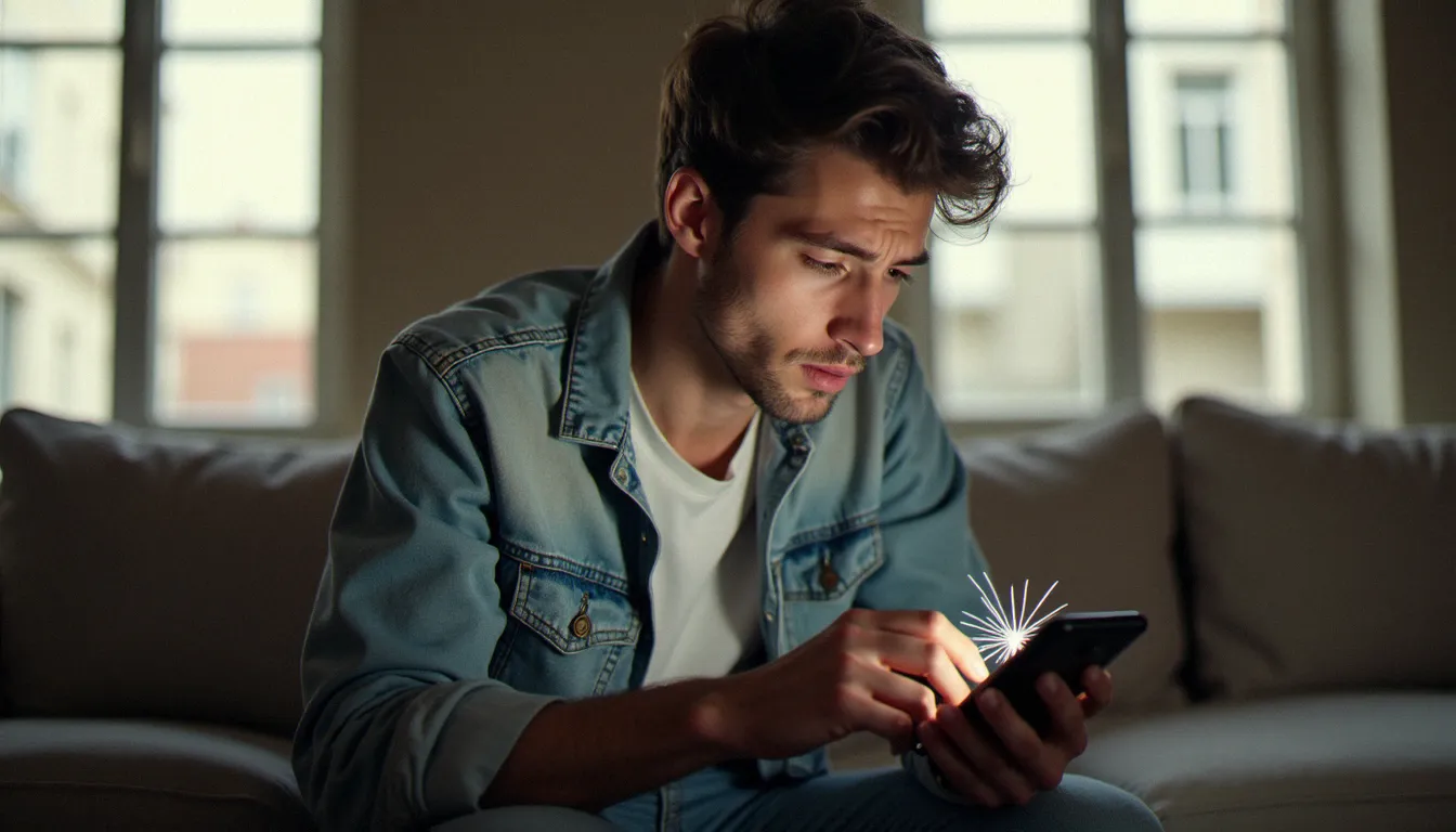 Personne constatant la casse de son smartphone avant de déclarer un sinistre à son assurance mobile Bouygues