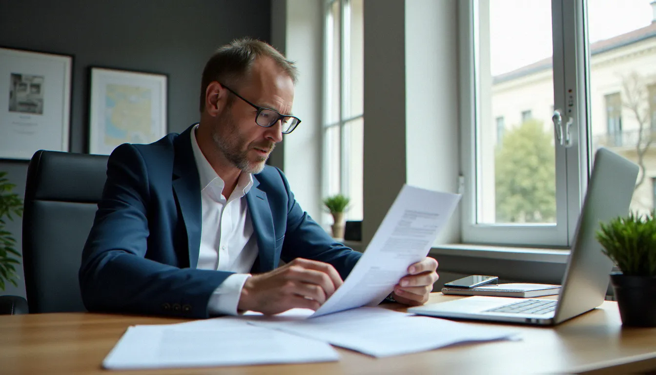 Courtier en assurance à Paris analysant un contrat d'assurance france bouygues sur son bureau