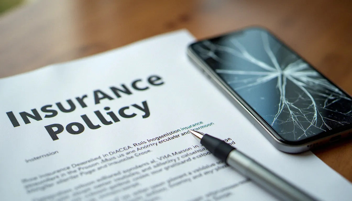 Document de contrat d'assurance mobile posé sur un bureau à côté d'un téléphone avec écran fissuré