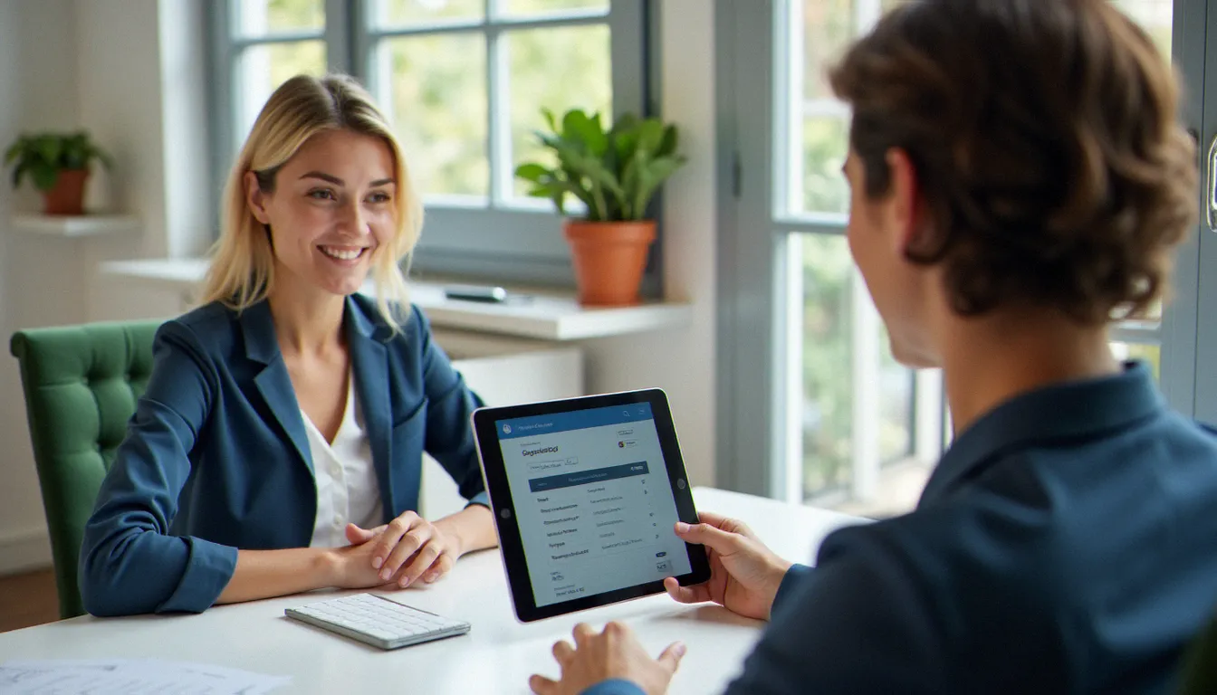 Conseiller en assurance et client comparant des offres d'assurance mobile sur une tablette dans un bureau en France
