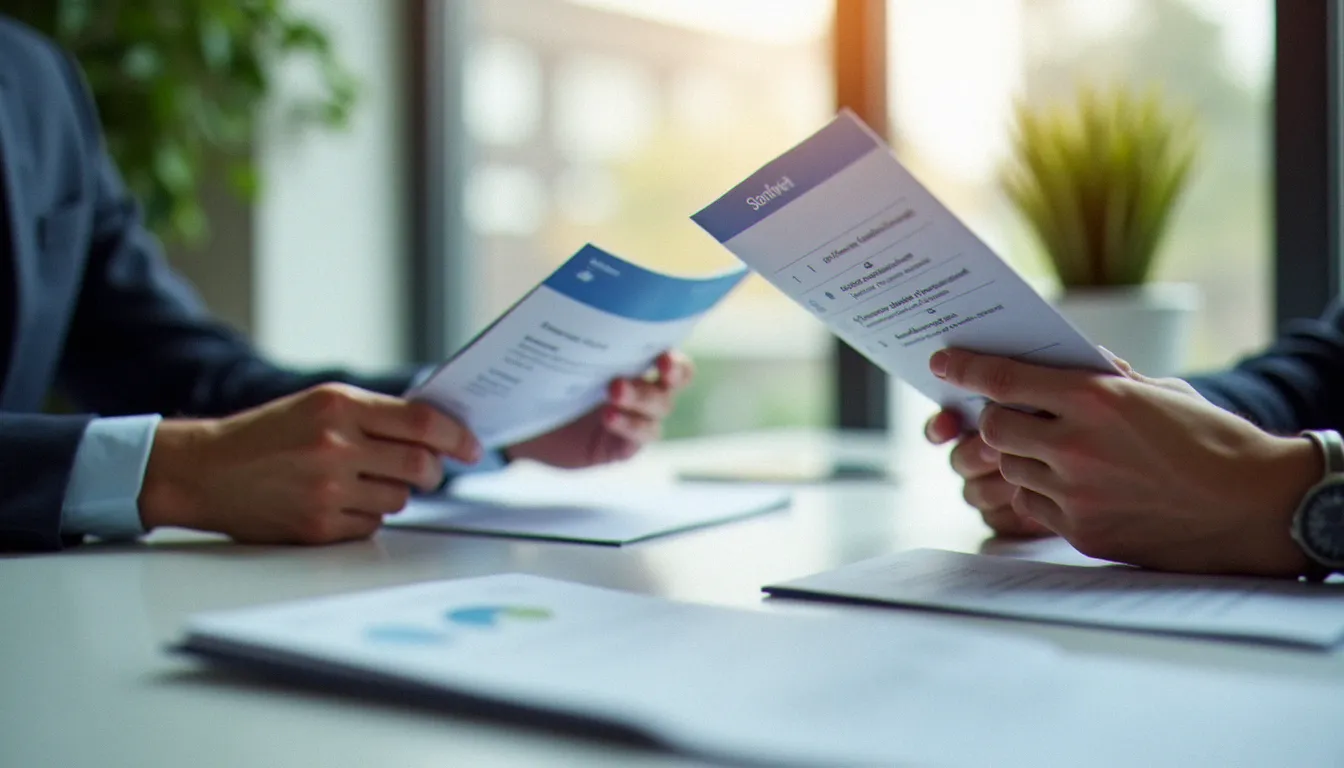 Comparaison de brochures de produits d'assurance et d'épargne retraite posées sur un bureau, illustrant le choix entre différentes solutions mutualistes