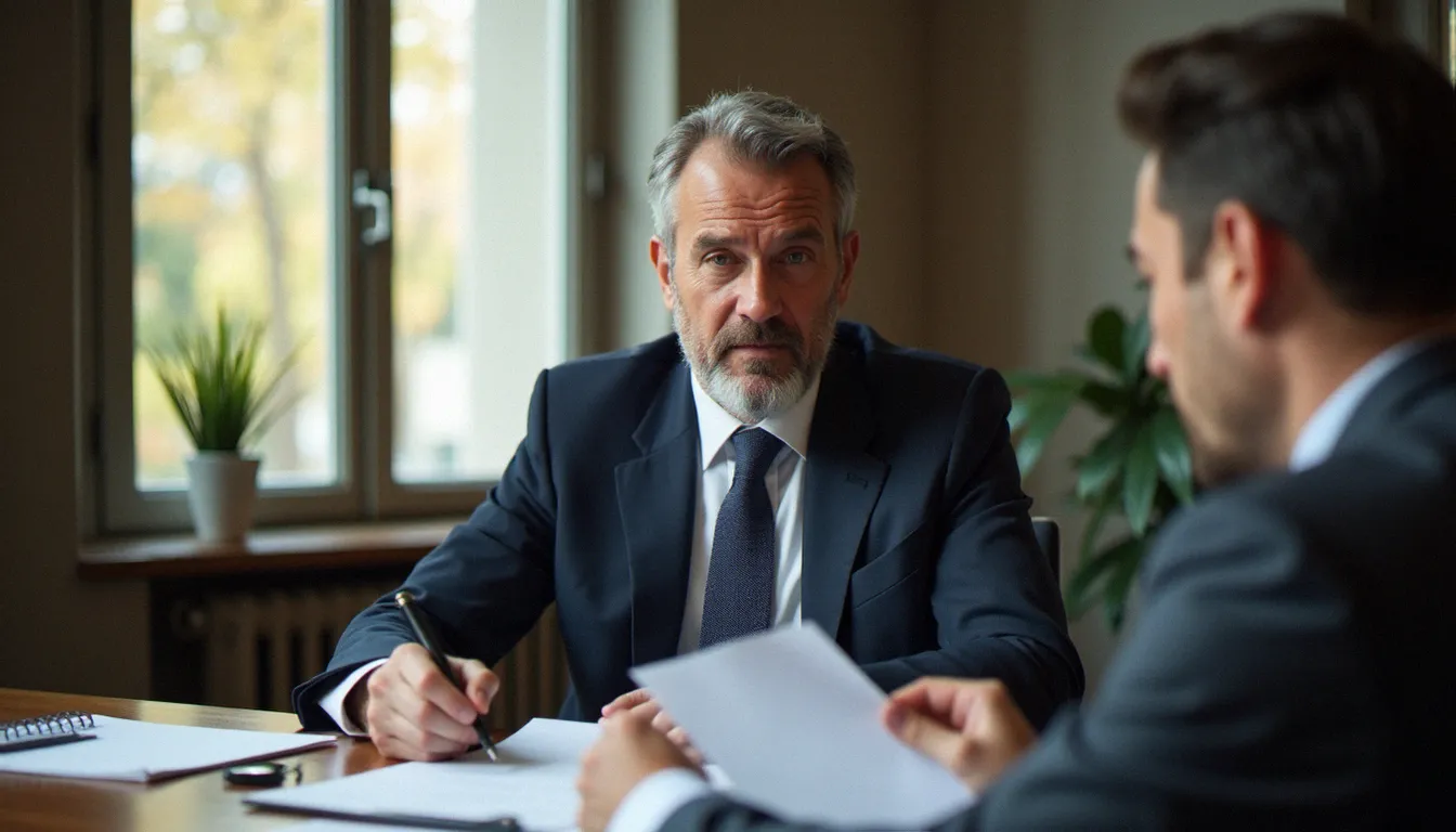 Un conseiller en assurance et son client examinent ensemble un contrat d'assurance France Mutualiste dans un bureau parisien lumineux