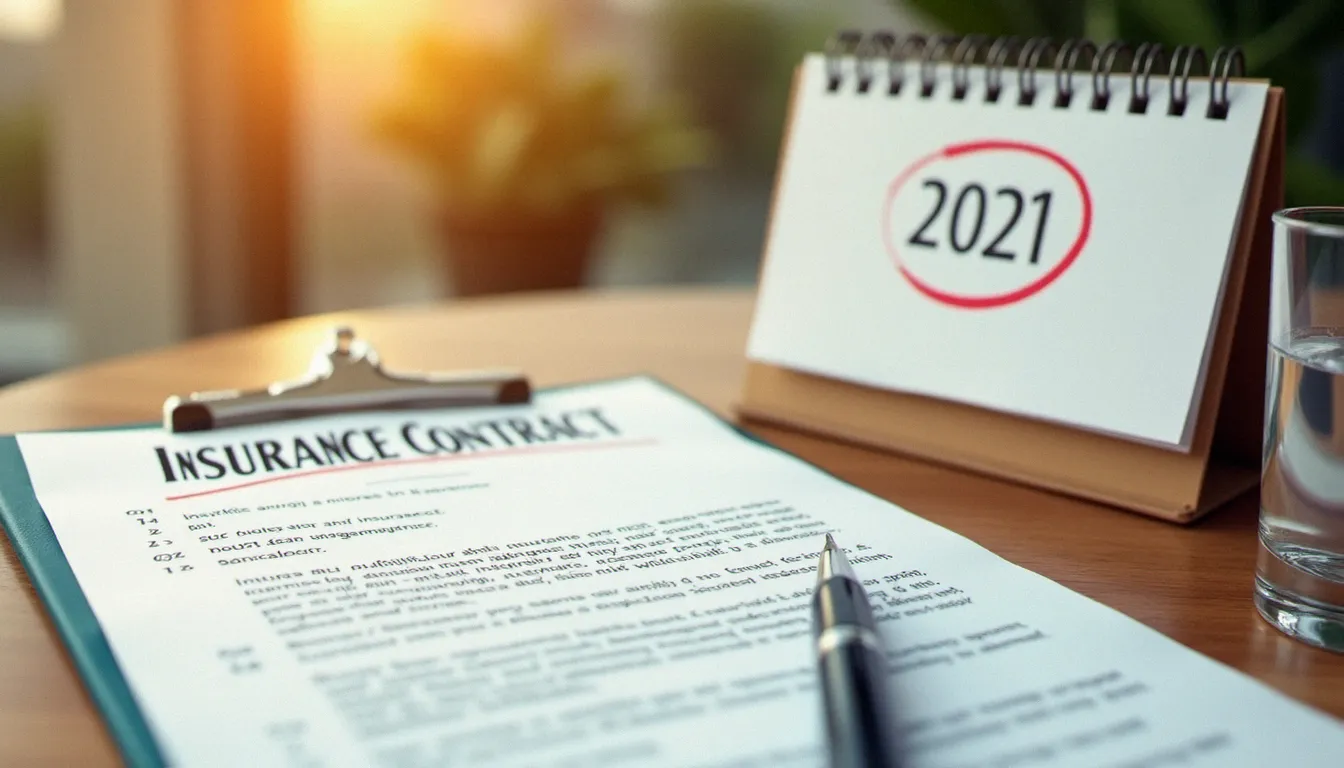 Contrat d'assurance posé sur un bureau avec un calendrier indiquant la date d'échéance du prélèvement mensuel