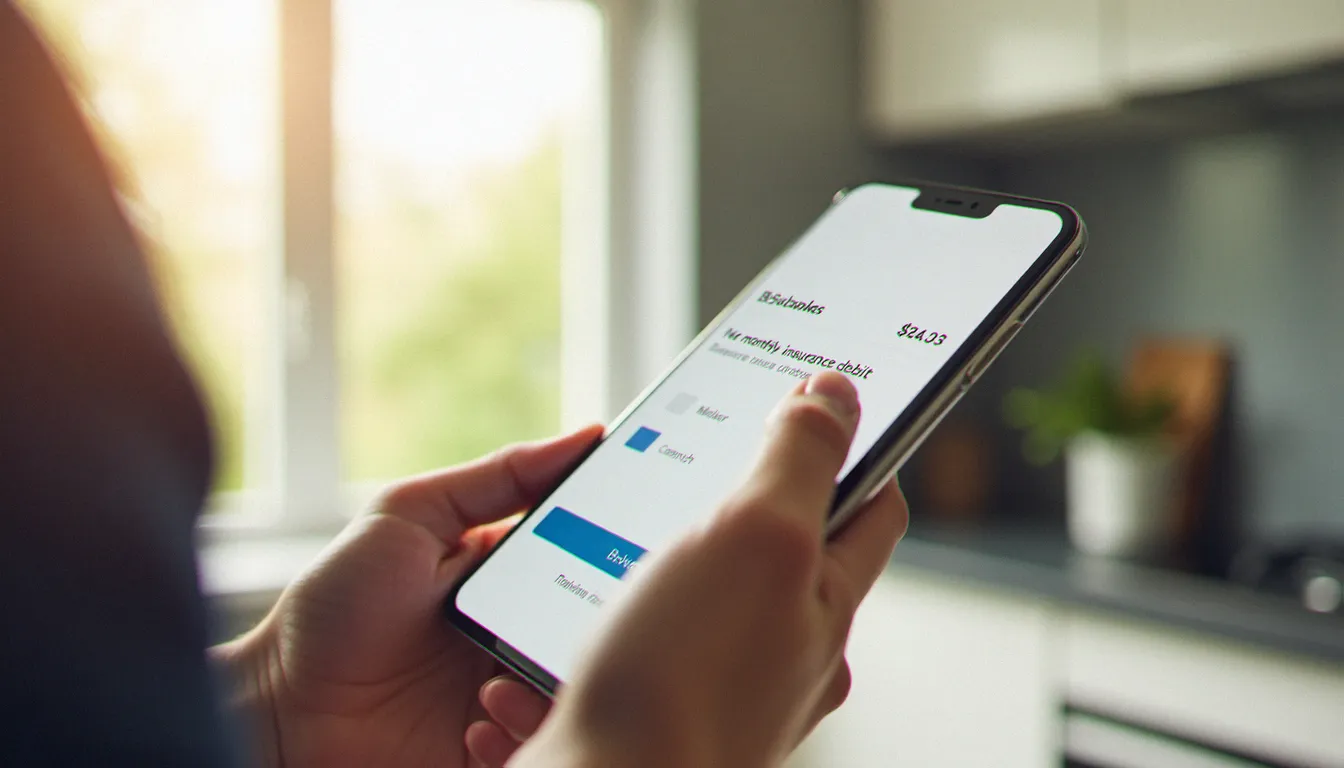 Une personne consulte une notification de prélèvement d'assurance France sur son application bancaire mobile