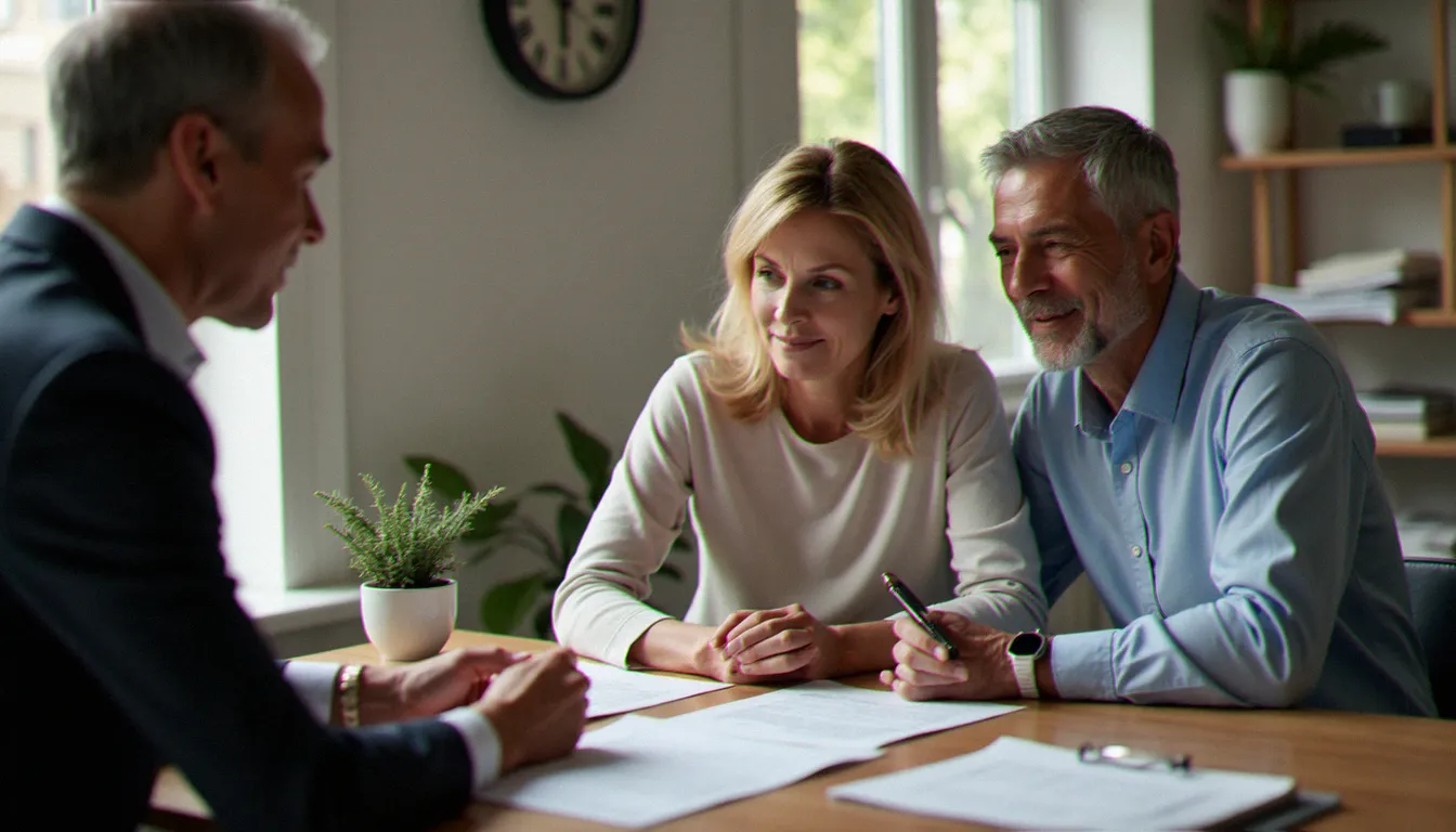Un couple de clients discutant de leur contrat d'assurance avec un conseiller dans une agence en France