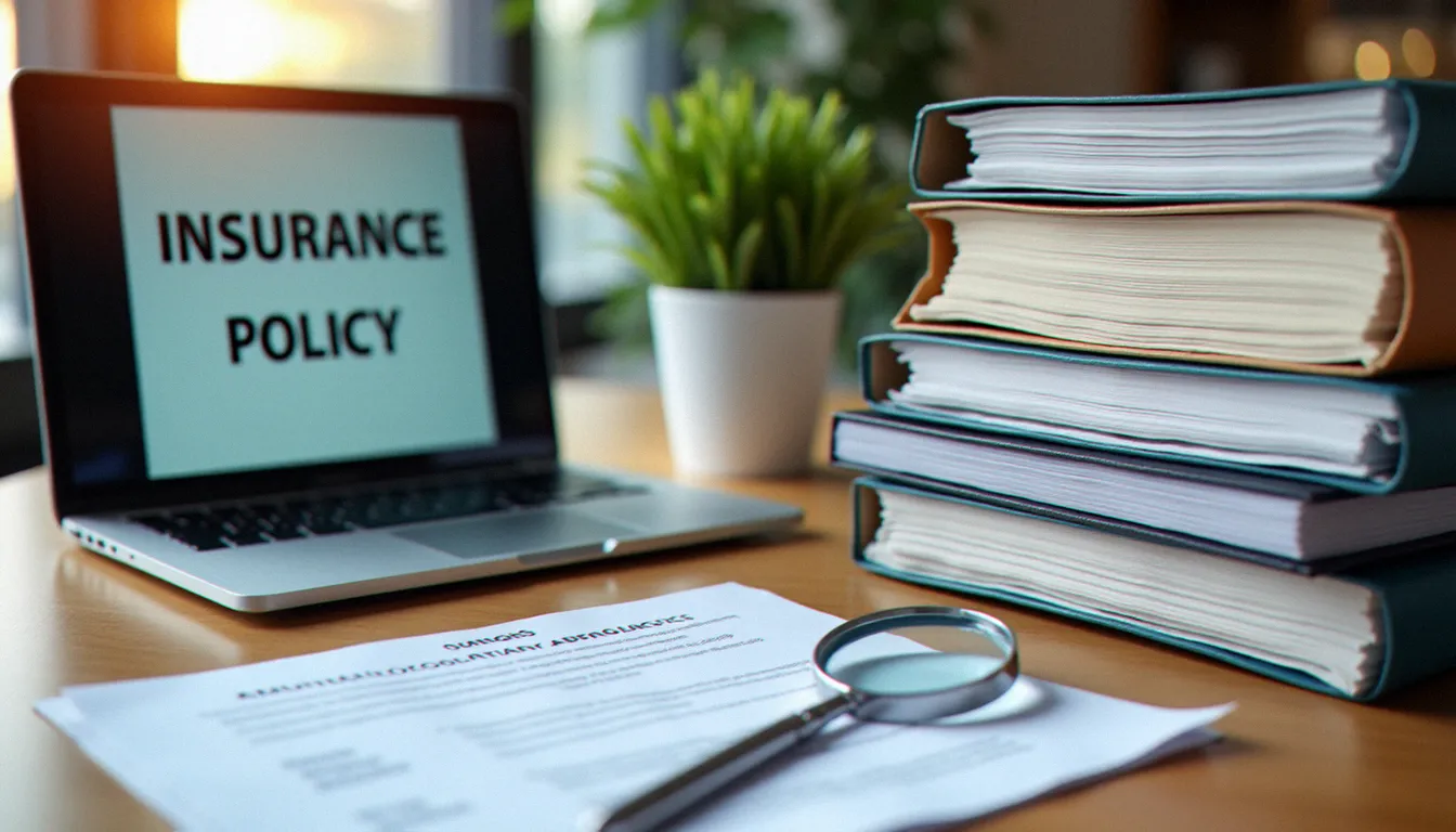 Bureau professionnel avec dossiers de contrats d'assurance empilés et ordinateur affichant un registre d'agrément, représentant le fonctionnement d'une SAS d'assurance