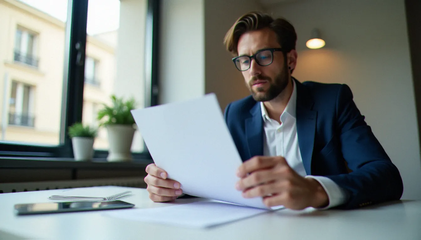 Un courtier en assurance analyse un contrat dans un bureau parisien moderne, illustrant le fonctionnement d'Assurance France SAS