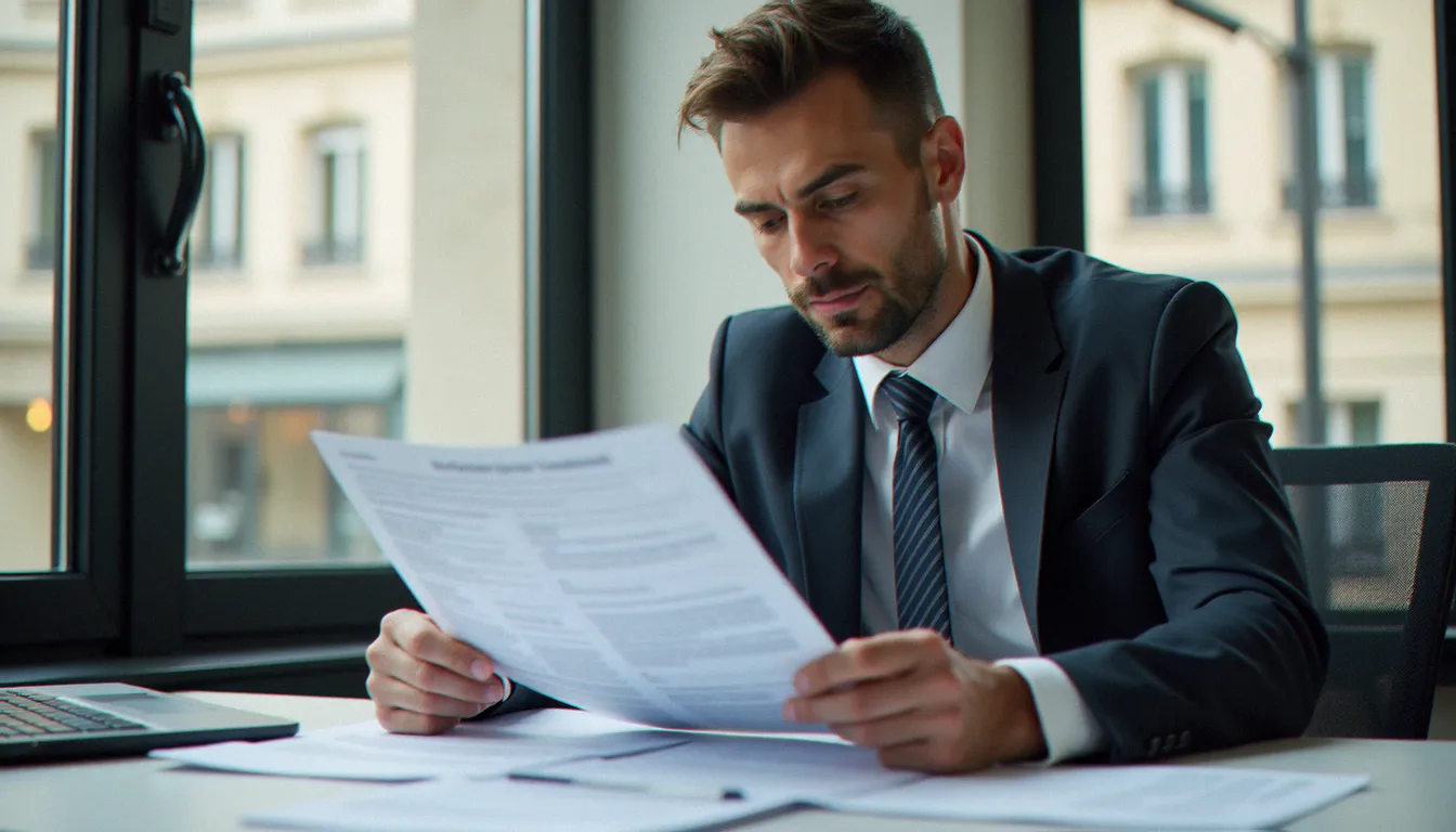 Courtier en assurance France SAS examinant des contrats d'assurance dans un bureau parisien moderne