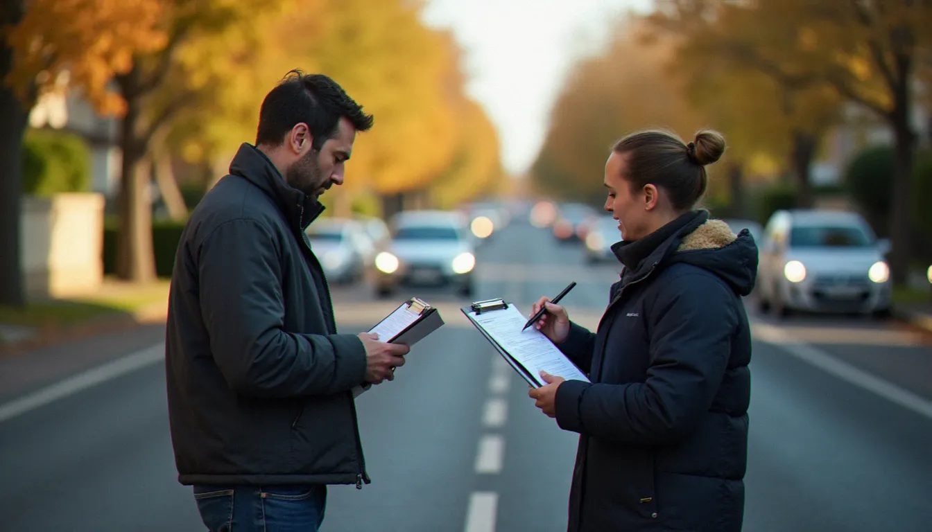 Deux conducteurs remplissant un constat amiable après un sinistre automobile en France