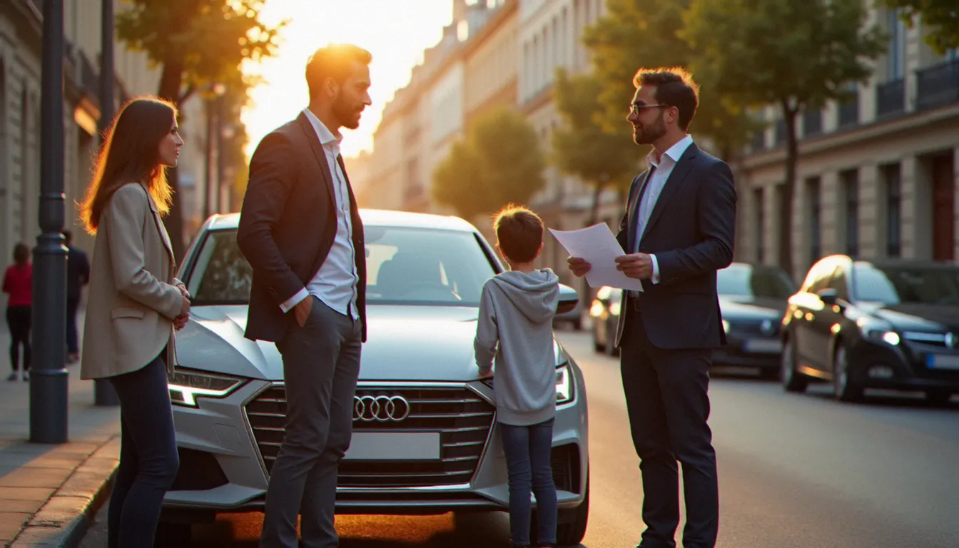 Un courtier en assurance France voiture expliquant un contrat à une famille devant leur véhicule à Paris
