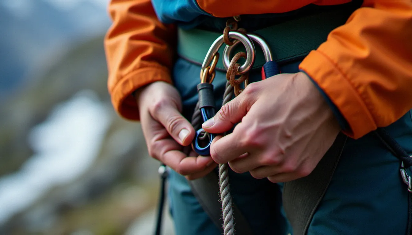 Mains d'un guide de montagne vérifiant son matériel de sécurité avant une sortie, symbolisant la responsabilité professionnelle couverte par l'assurance RC