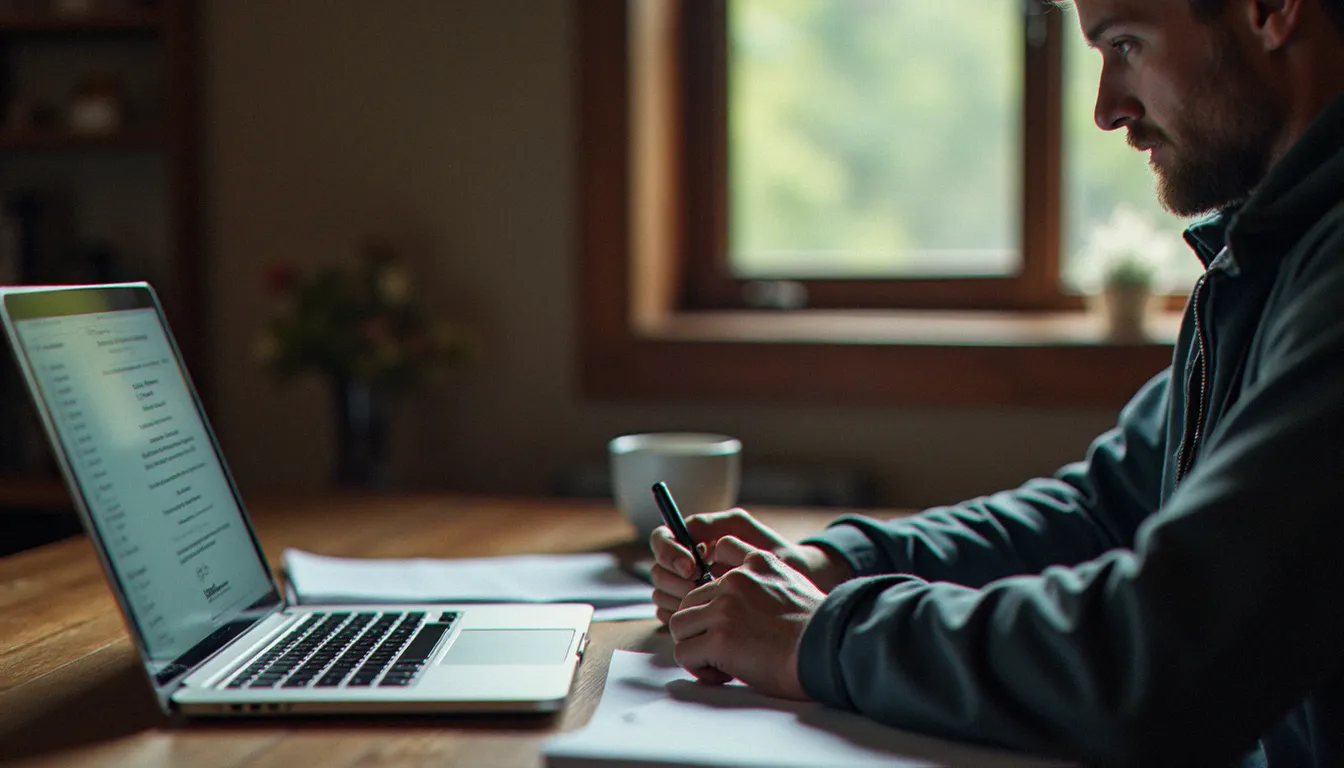 Guide de montagne étudiant un contrat d'assurance guide PF2E sur son bureau, comparant les garanties avant de signer