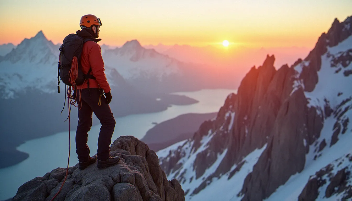Guide de haute montagne équipé debout sur une arête rocheuse en montagne, illustrant le métier pour lequel une assurance guide PF2E est obligatoire