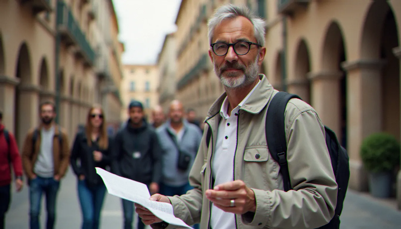 Guide touristique professionnel accompagnant un groupe devant un site patrimonial, illustrant l'importance de l'assurance guide touristique