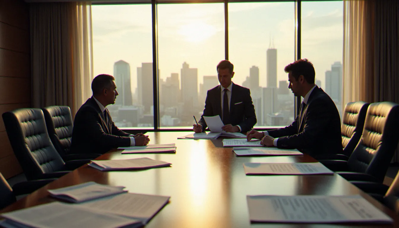 Salle de réunion d'un régulateur financier avec des professionnels consultant des documents de guideline OSFI sur l'assurance