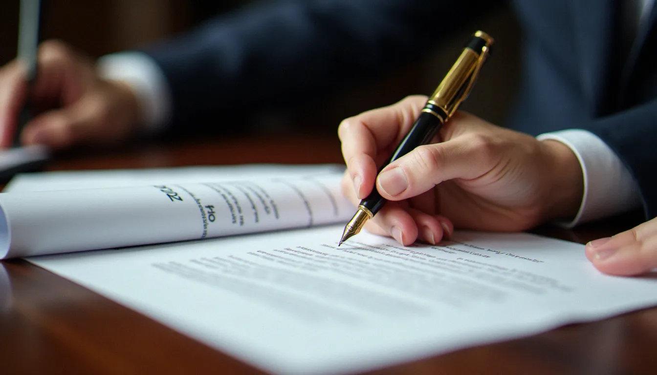 Signature d'un contrat obsèques, représentant les démarches administratives de souscription à une assurance funéraire