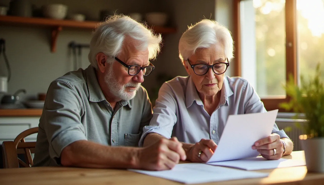 Un couple de seniors consultent ensemble un contrat d'assurance obsèques à la maison, illustrant la préparation sereine de ses funérailles