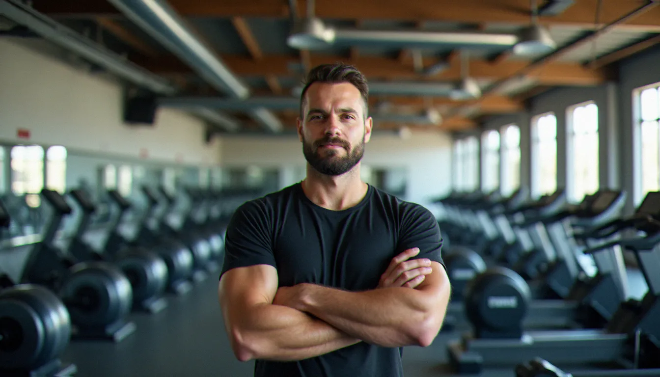 Gérant d'une salle de sport debout au milieu de son équipement professionnel, illustrant le besoin d'une assurance sans franchise pour les professionnels