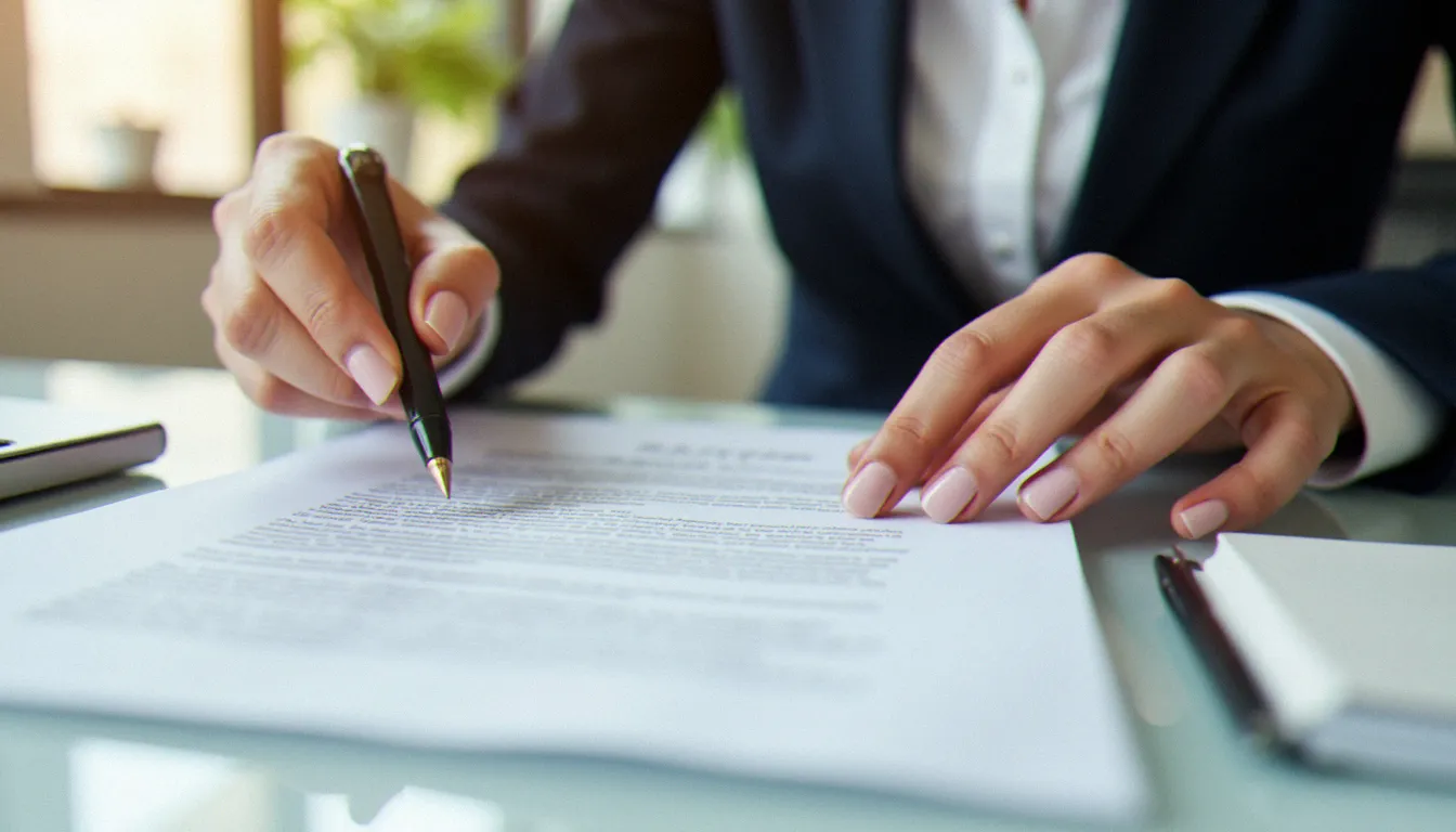 Une femme examine attentivement un contrat d'assurance sans franchise posé sur un bureau moderne, illustrant la compréhension des clauses d'indemnisation