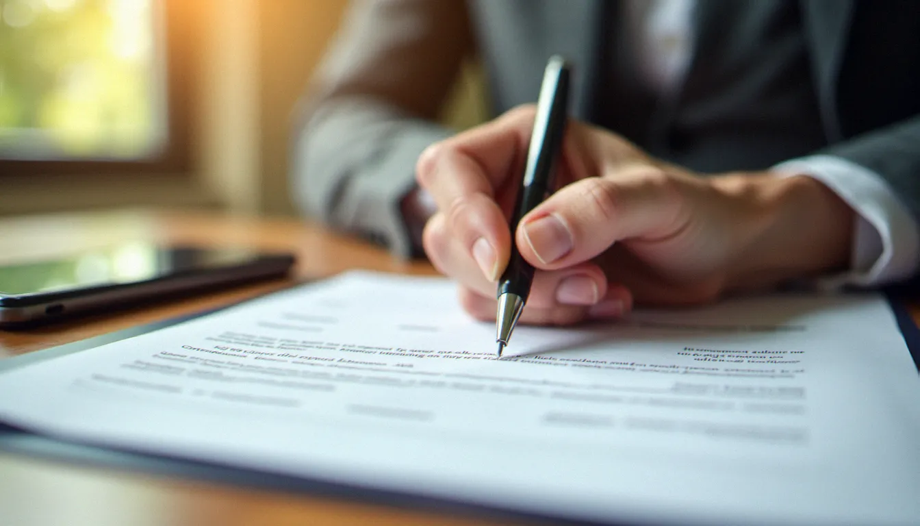 Signature d'un contrat d'assurance avec paiement différé posé sur un bureau en bois, application bancaire visible en arrière-plan