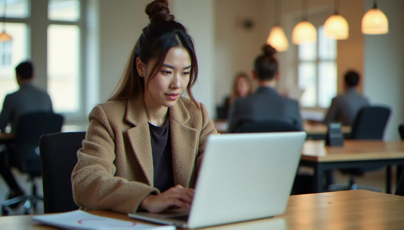 Travailleur indépendant gérant son assurance professionnelle avec paiement différé dans un espace de coworking lumineux, calendrier posé sur le bureau