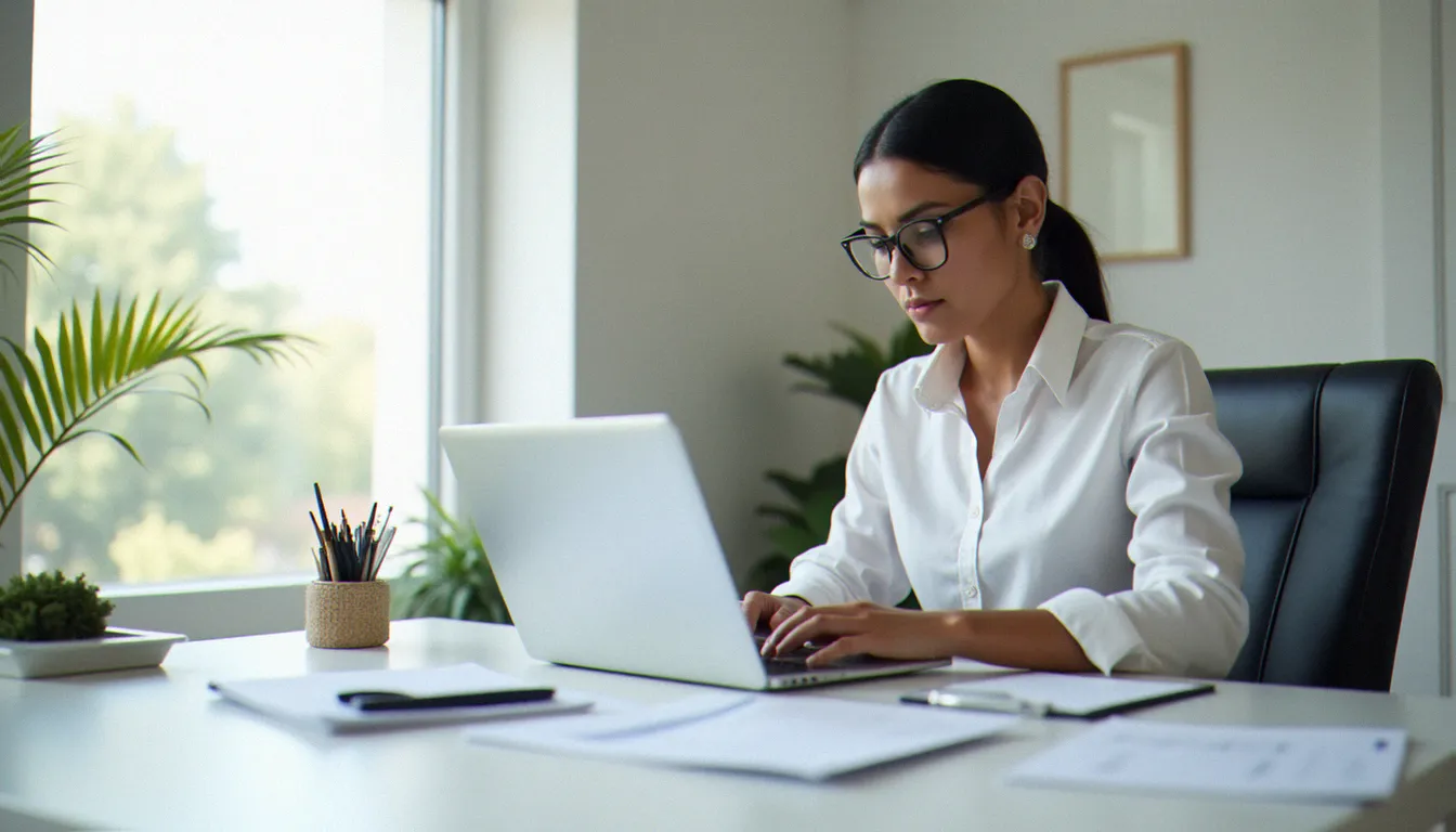 Personne consultant un contrat d'assurance sans paiement immédiat sur un ordinateur portable dans un bureau moderne baigné de lumière naturelle
