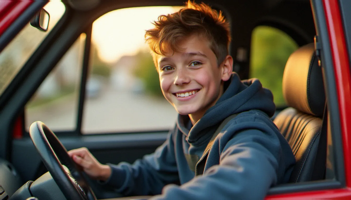 Un adolescent d'environ 16 ans au volant d'une voiturette, représentant un conducteur de voiture sans permis avec permis AM