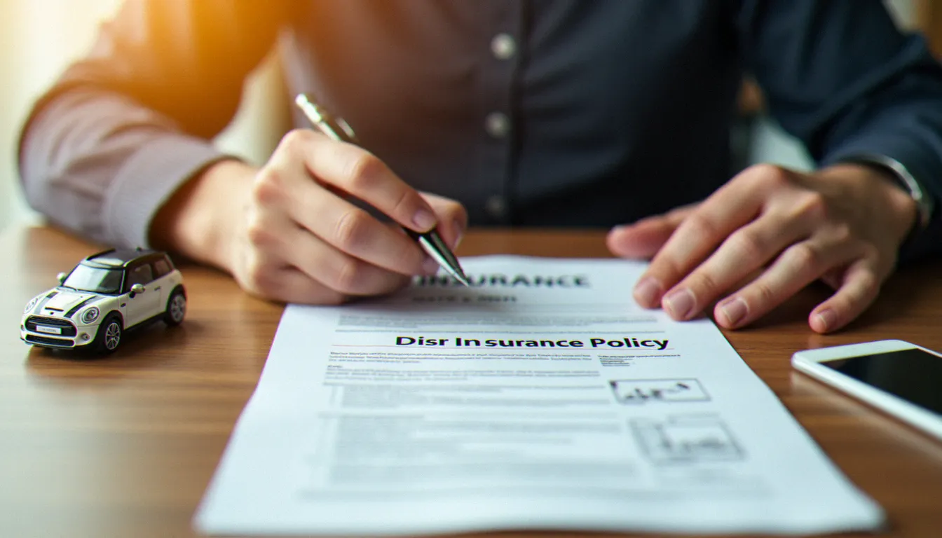 Des mains tenant un contrat d'assurance pour voiture sans permis posé sur un bureau avec un stylo, symbolisant la souscription d'une assurance sans permis