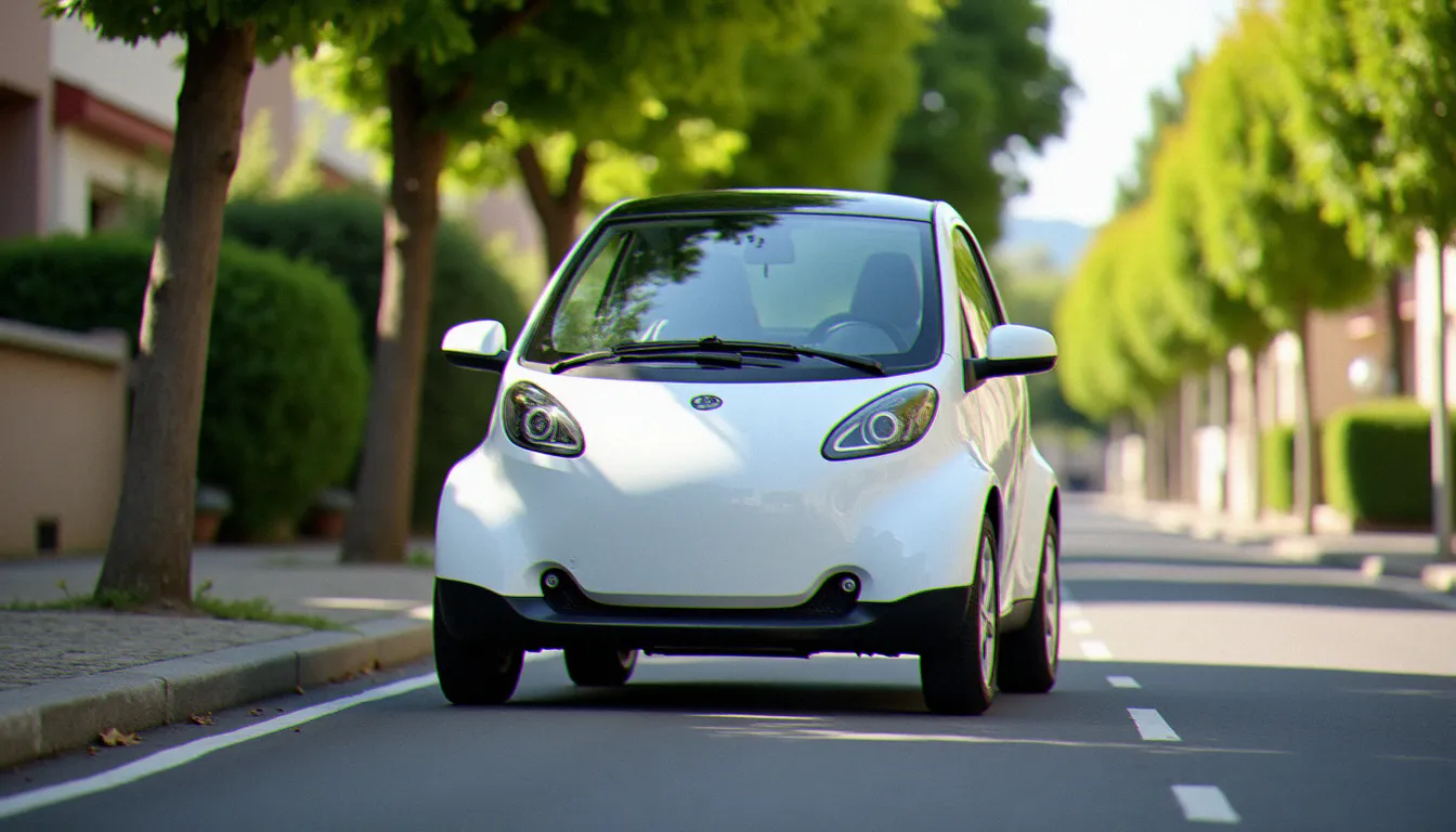 Une voiture sans permis blanche électrique garée dans une rue résidentielle française ensoleillée, illustrant l'assurance sans permis