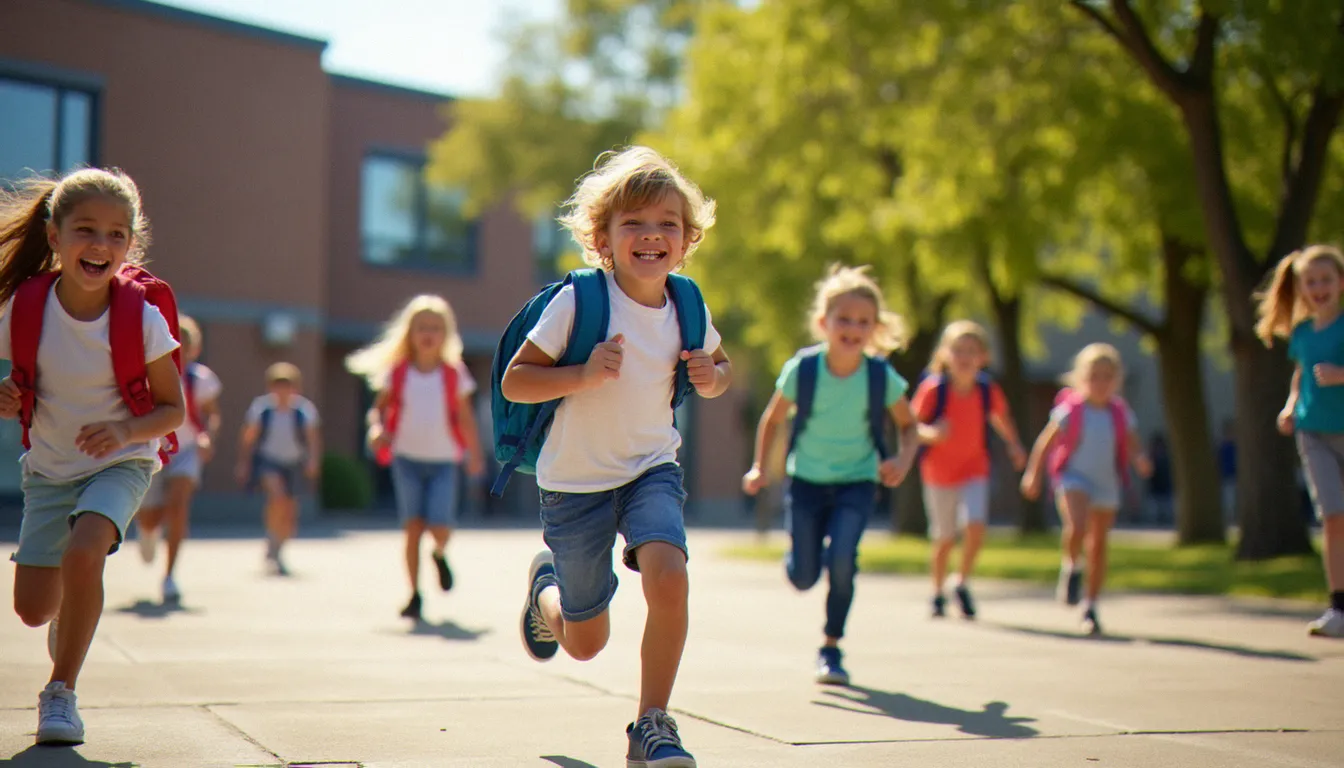 Enfants jouant dans la cour d'école pendant la récréation, illustrant le contexte de l'assurance scolaire