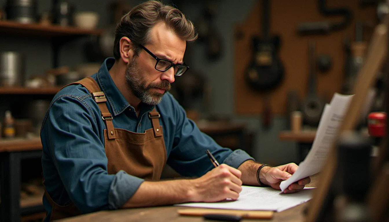 Un artisan indépendant dans son atelier examinant ses documents de couverture sociale et de prévoyance