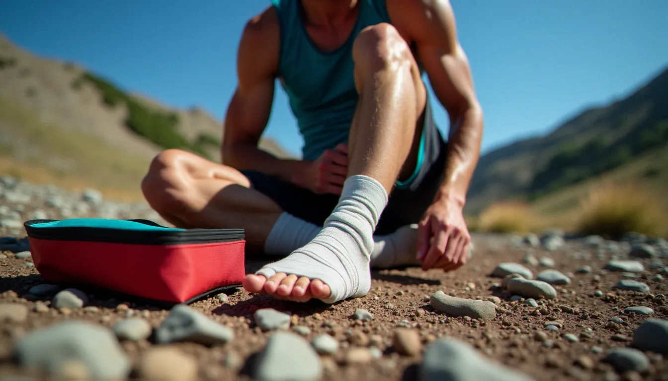 Coureur de trail blessé à la cheville sur un sentier de montagne, illustrant les risques couverts par une garantie individuelle accidents sportifs