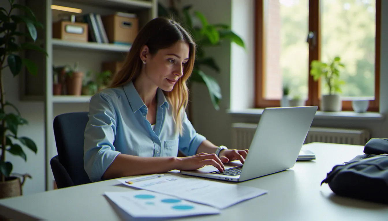 Femme comparant des contrats d'assurance sportive sur ordinateur portable depuis son bureau, illustrant le processus de sélection d'une couverture adaptée