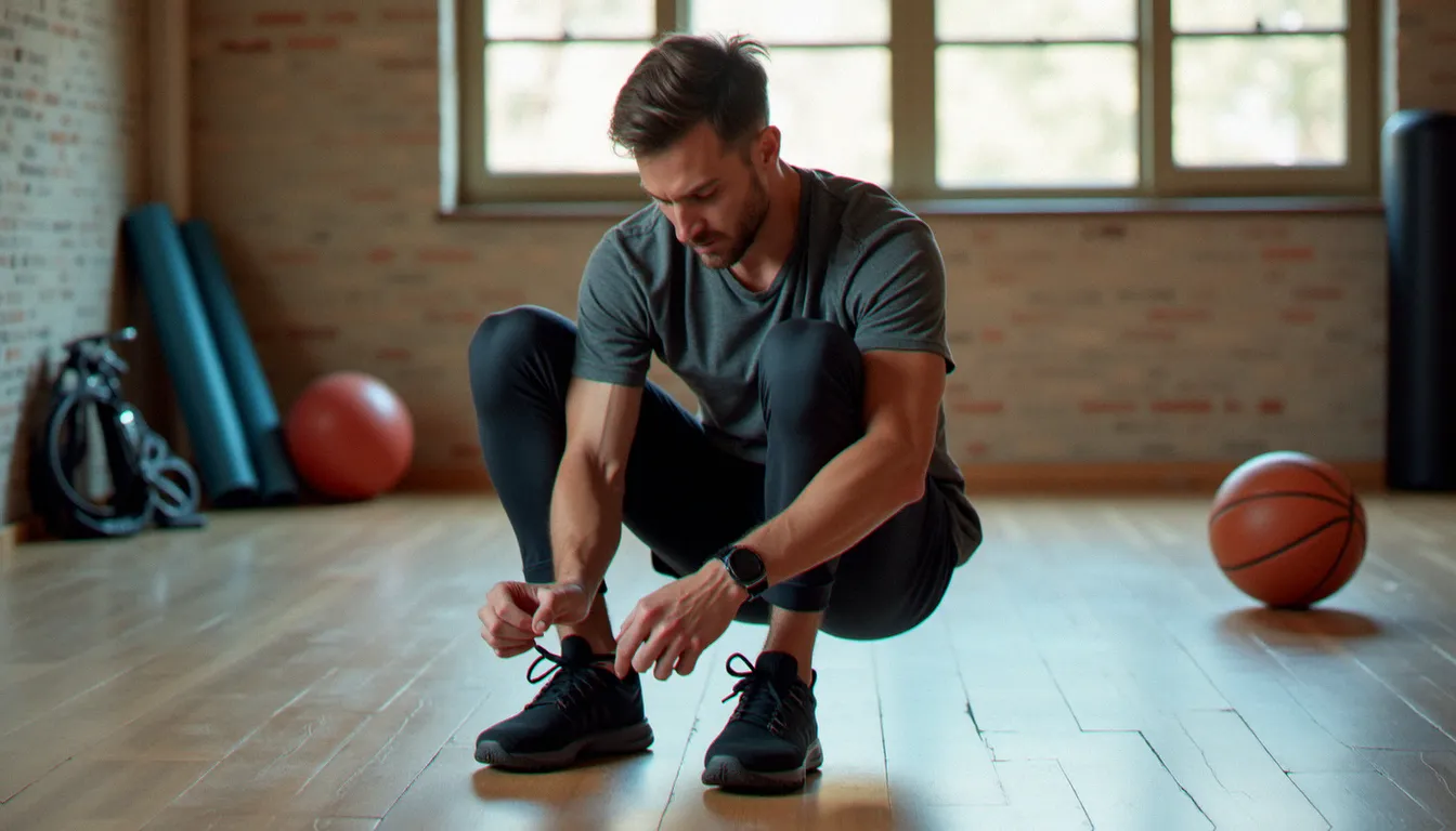 Sportif adulte attachant ses lacets dans une salle de sport lumineuse, illustrant la nécessité d'une assurance sportive adaptée