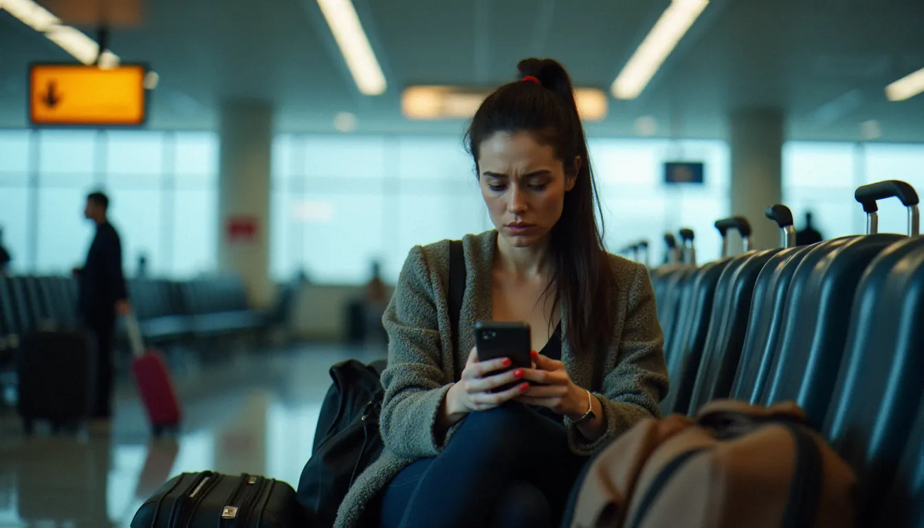 Voyageuse en attente dans un aéroport avec ses bagages, situation illustrant le besoin de garanties voyage couvertes par une assurance Mastercard