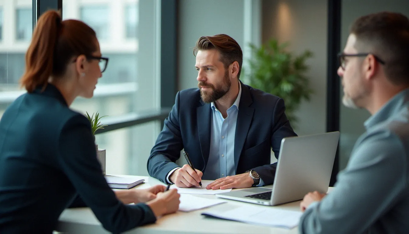 Client et conseiller bancaire en train de consulter les conditions d'assurance d'une carte Mastercard dans une agence moderne