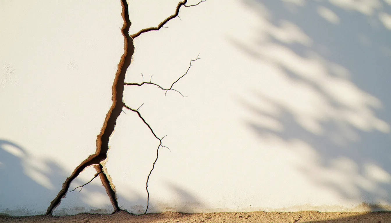 Fissures importantes sur la façade d'un pavillon français causées par le retrait-gonflement des argiles, sinistre reconnu catastrophe naturelle